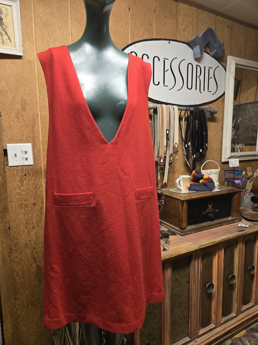 Red Sleeveless V-Neck Mini Dress with Patch Pockets - Picture 1 of 5